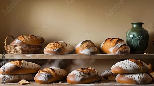  Freshly Baked Bread on Wooden Shelf, Rustic Setting, Steaming Loaves, Ceramic Vase