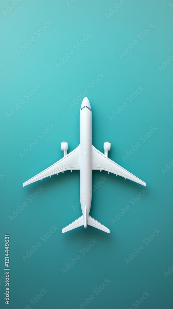 Minimalist composition featuring a white airplane model on a vibrant turquoise backdrop, symbolizing air travel, tourism, and vacation Minimalist composition featuring a white airplane model on a vibrant turquoise backdrop, symbolizing air travel, tourism, and vacation