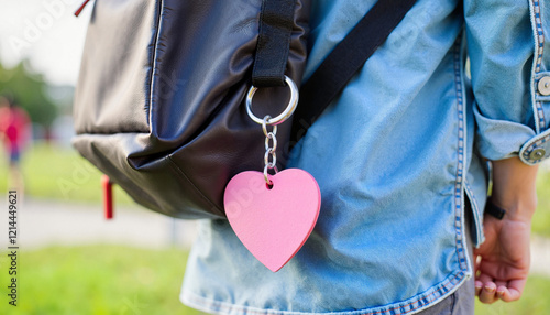 Colorful pink heart keychain hanging from backpack, playful spirit