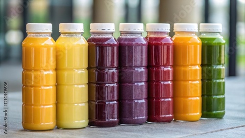 An artful display of coldpressed juice bottles stacked in a radiant spectrum from sunny yellows to deep purples. The focus captures the glossiness of the glass revealing the photo