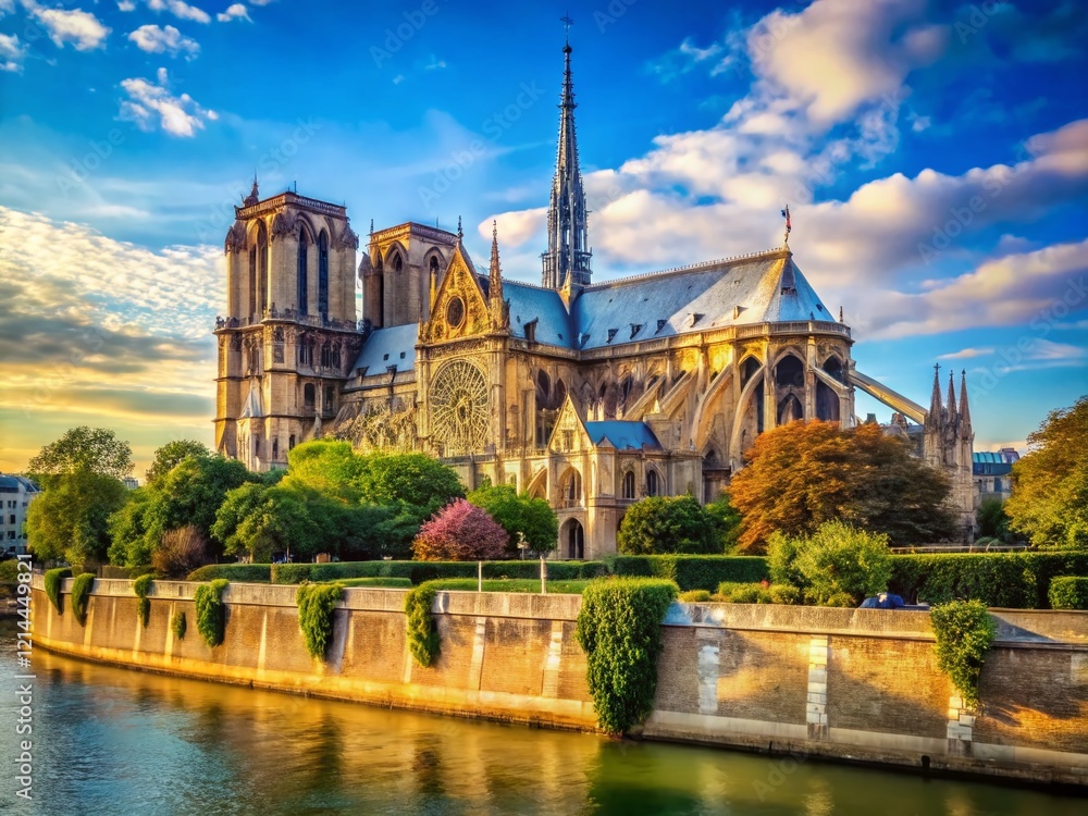 Naklejka premium Majestic Notre-Dame Cathedral & Seine River, Paris - Panoramic View