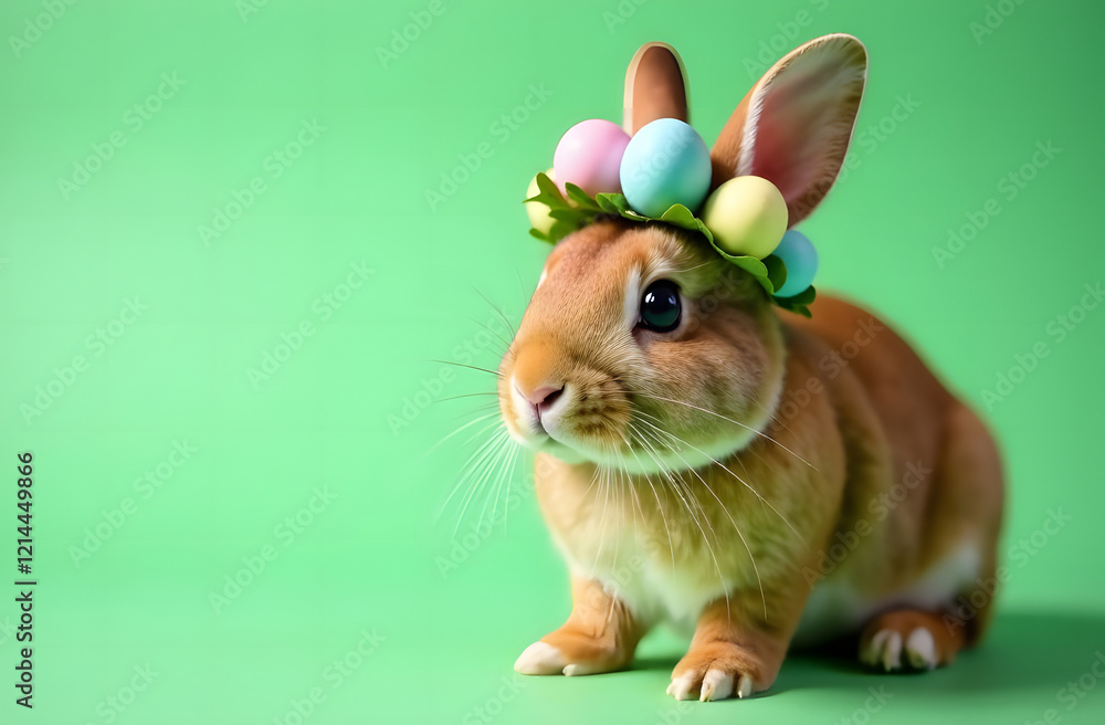 Fototapeta premium Charming brown rabbit in close-up with a wreath of Easter eggs on its head on a pastel green background, Easter celebration