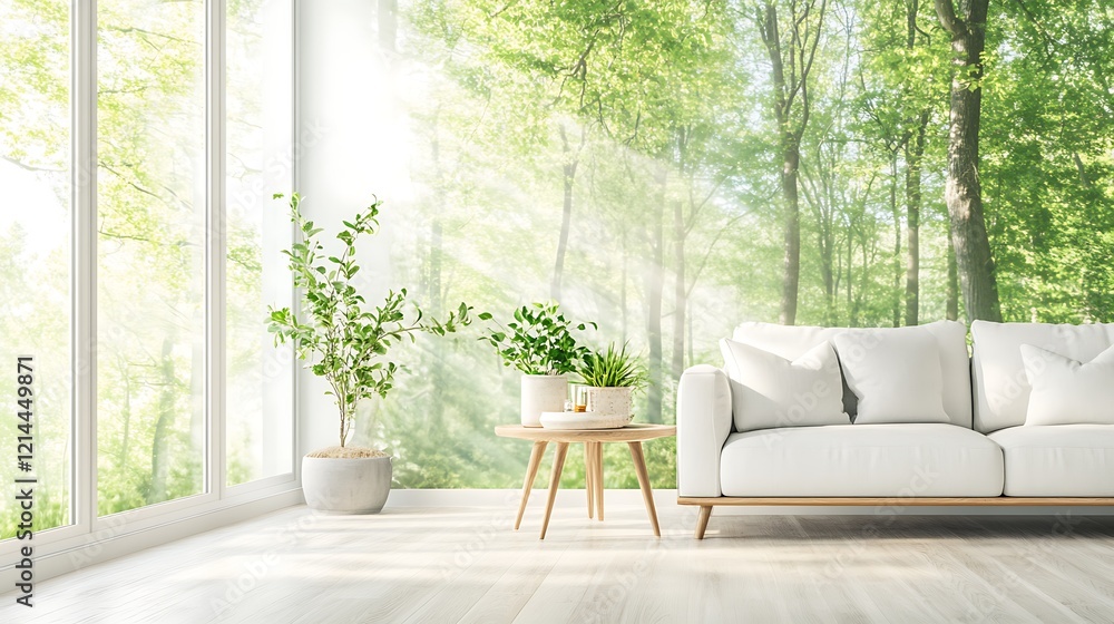 Fototapeta premium Modern Living Room with Large Windows Overlooking Nature