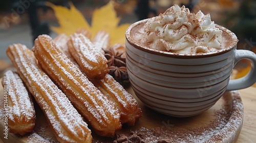Plate of churros dusted with cinnamon sugar served alongside a cup of hot chocolate.
