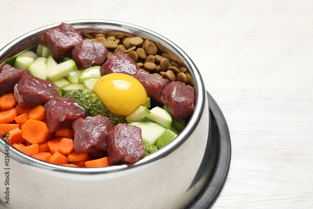Dry pet food and natural products on white wooden table, closeup Dry pet food and natural products on white wooden table, closeup