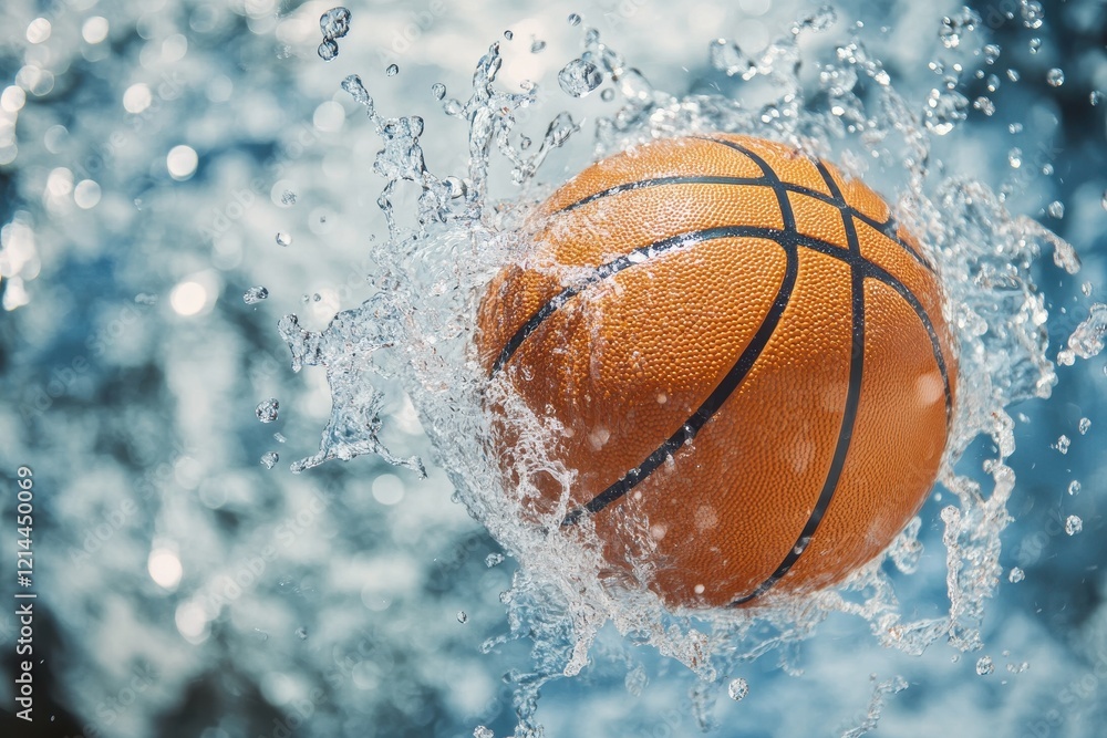 basketball with splashes of water to form an illusion . A basketball splashes into water, creating ripples and droplets around it, capturing a moment of dynamic motion. basketball with splashes of water to form an illusion . A basketball splashes into water, creating ripples and droplets around it, capturing a moment of dynamic motion.