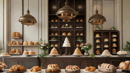 Elegant Bakery Display, Cakes, Pastries, and Breads, Ornate Lighting Fixtures, Dark Wood Cabinets