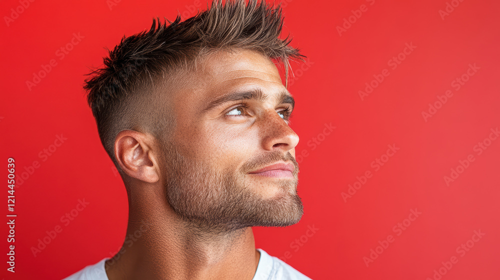 Fototapeta premium Stylish man with trendy haircut against vibrant red background