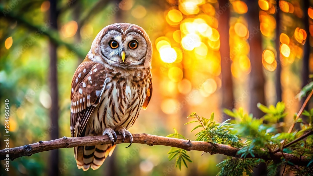 Obraz premium Majestic Owl Perched on Branch: Wisdom of Nature Stock Photo