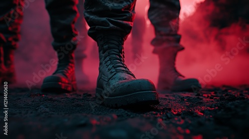 Military Boots in Smoke Battlefield Action Shot Dynamic Environment Ground Level Resilience Theme