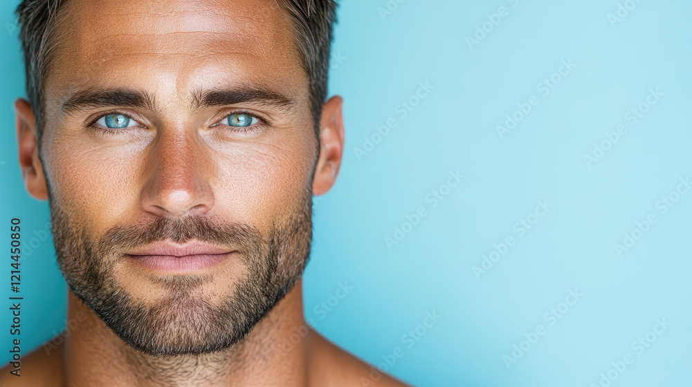 Fototapeta premium close up of man with thoughtful expression and striking blue eyes