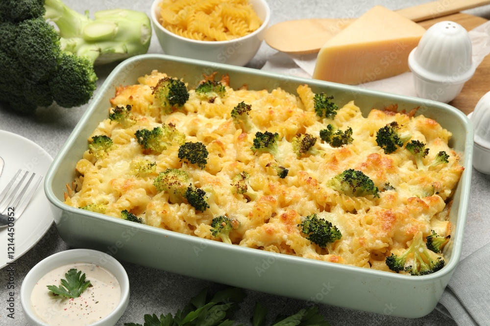 Tasty pasta casserole with cheese, broccoli and sauce on grey table, closeup Tasty pasta casserole with cheese, broccoli and sauce on grey table, closeup