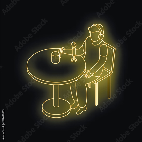 Podcaster wearing headphones recording audio content with microphone and coffee cup, neon style isometric illustration