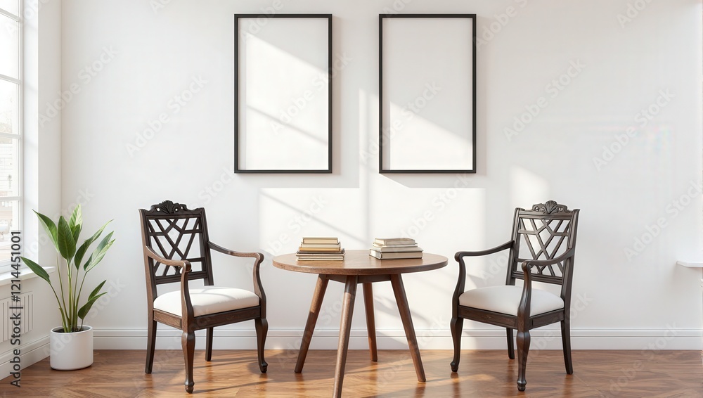 A cozy scene captures an intimate wooden table nestled against a pristine white backdrop, flanked by plush cushioned chairs. Books rest atop, inviting exploration and comfort A cozy scene captures an intimate wooden table nestled against a pristine white backdrop, flanked by plush cushioned chairs. Books rest atop, inviting exploration and comfort