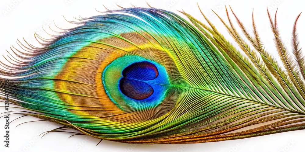 Obraz premium Majestic Peacock Feather Macro Photography - Isolated on White Background for Design Projects