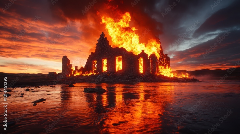 Engulfed in blazing fire, the stone ruins create a hauntingly beautiful image of destruction and nature's fury, reflecting the duality of beauty and tragedy at twilight. Engulfed in blazing fire, the stone ruins create a hauntingly beautiful image of destruction and nature's fury, reflecting the duality of beauty and tragedy at twilight.