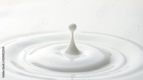Milk drop falling on a white liquid surface and generating waves. With copy space.