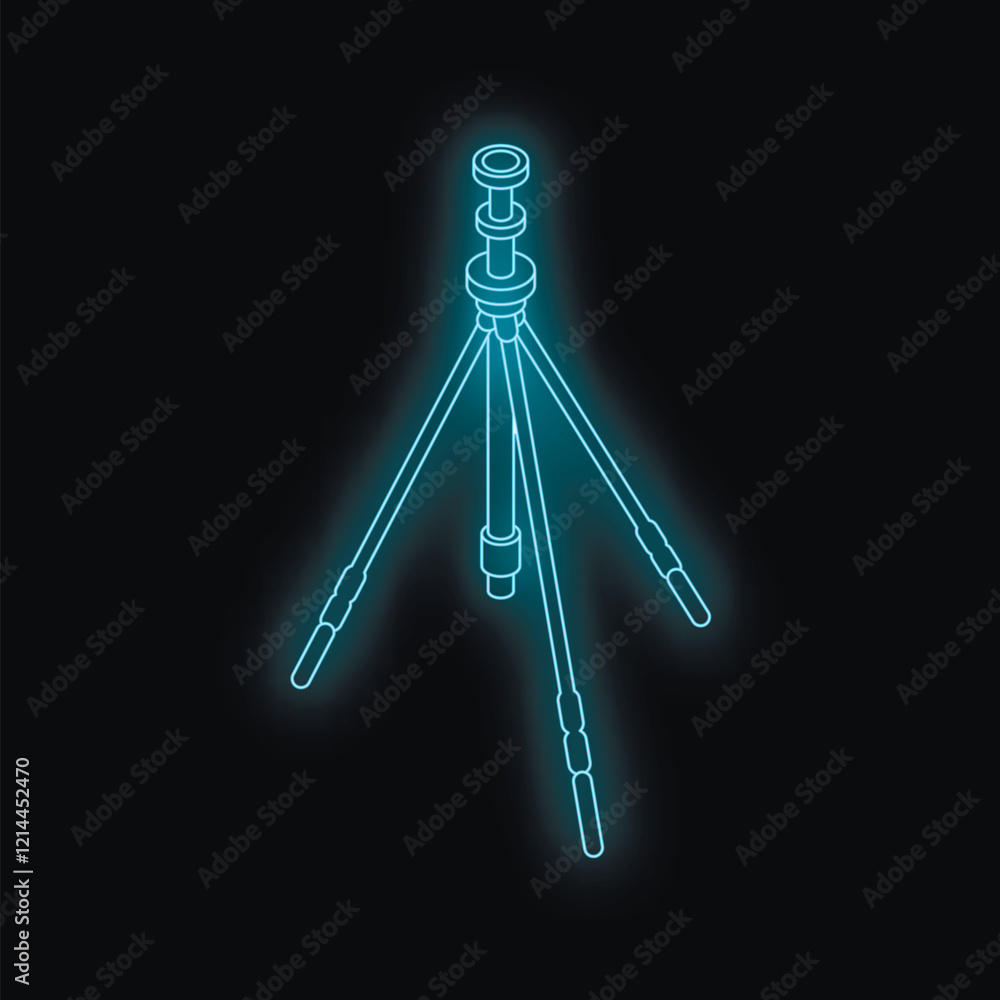 Glowing neon blue tripod on a black background, symbolizing photography and filmmaking Glowing neon blue tripod on a black background, symbolizing photography and filmmaking