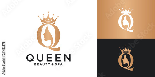 Luxury initial letter Q for queen logo. Beauty woman and crown golden