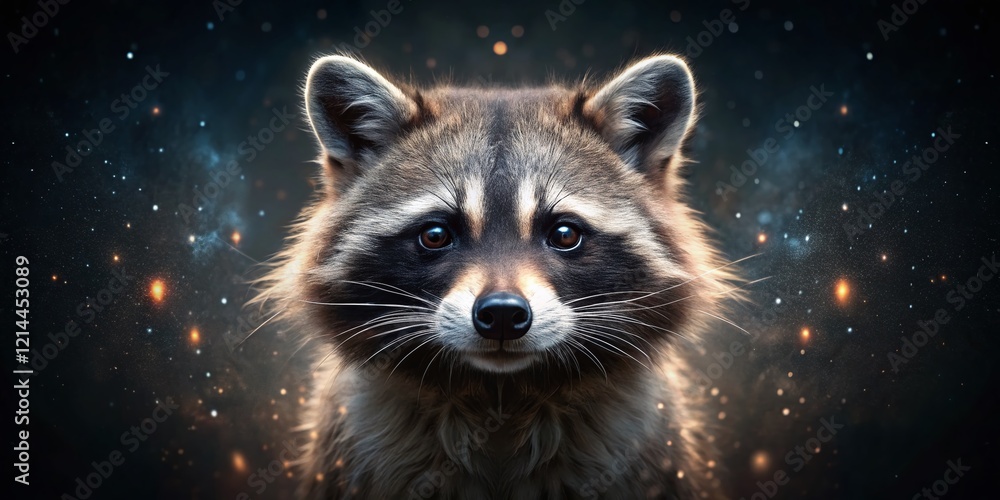 Obraz premium Majestic Raccoon Double Exposure: Night Sky & Forest Reflection