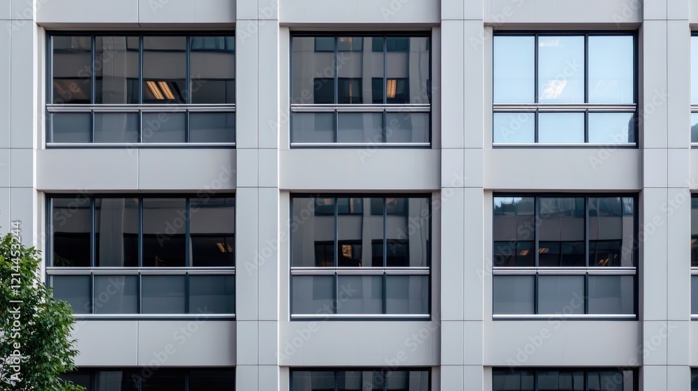 Modern city office building exterior, glass windows, urban setting, daytime Modern city office building exterior, glass windows, urban setting, daytime