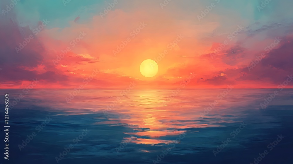 Serene Sunset over the Ocean: A Digital Painting of Tranquility Serene Sunset over the Ocean: A Digital Painting of Tranquility