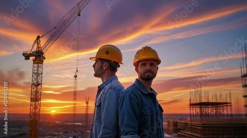  Two Bearded Construction Workers on Construction Site at Sunset, Hard Hats, Arms Crossed