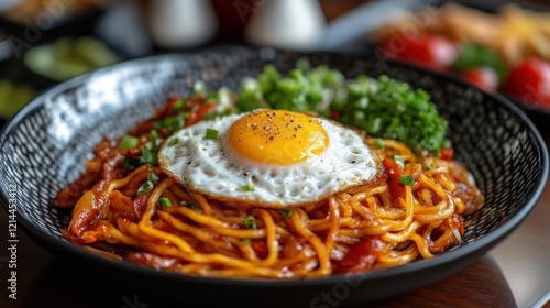 Sunny-side up egg on spicy noodles, restaurant setting photo