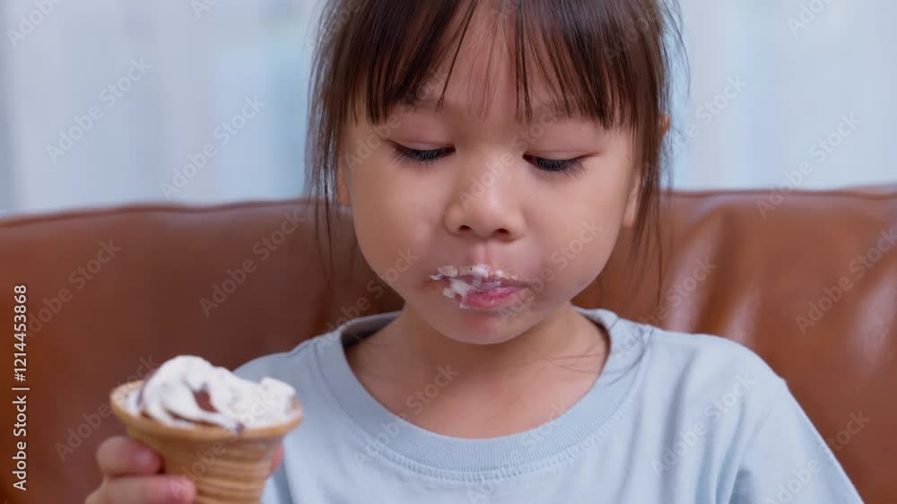 A cute little Asian girl joyful expression with delicious ice cream cone, her face smeared with sweet creamy goodness, capturing pure childhood joy. pure happiness of simple pleasures. A cute little Asian girl joyful expression with delicious ice cream cone, her face smeared with sweet creamy goodness, capturing pure childhood joy. pure happiness of simple pleasures.