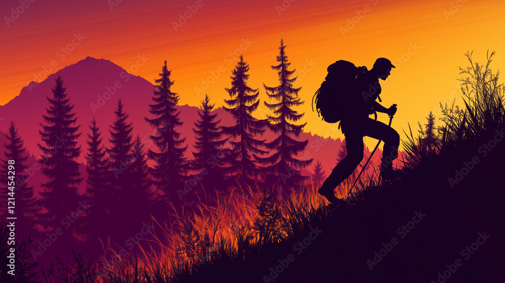 A silhouette of a hiker with a backpack climbing a steep mountain trail at sunrise, with vibrant orange and pink hues in the sky and copy space. A silhouette of a hiker with a backpack climbing a steep mountain trail at sunrise, with vibrant orange and pink hues in the sky and copy space.