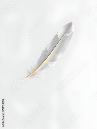 Floating Holographic White Feather Quill Writing Positive Life Scripts in Air - Wide Shot Capturing Power of Positive Narratives on White Background for Cognitive Reframing photo