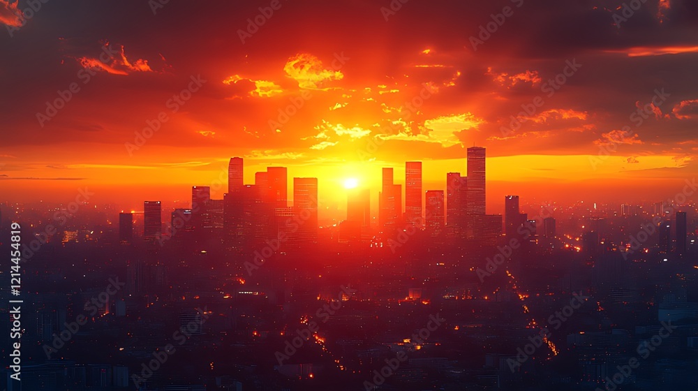 Fototapeta premium Fiery sunset cityscape panorama, urban skyline, dramatic sky