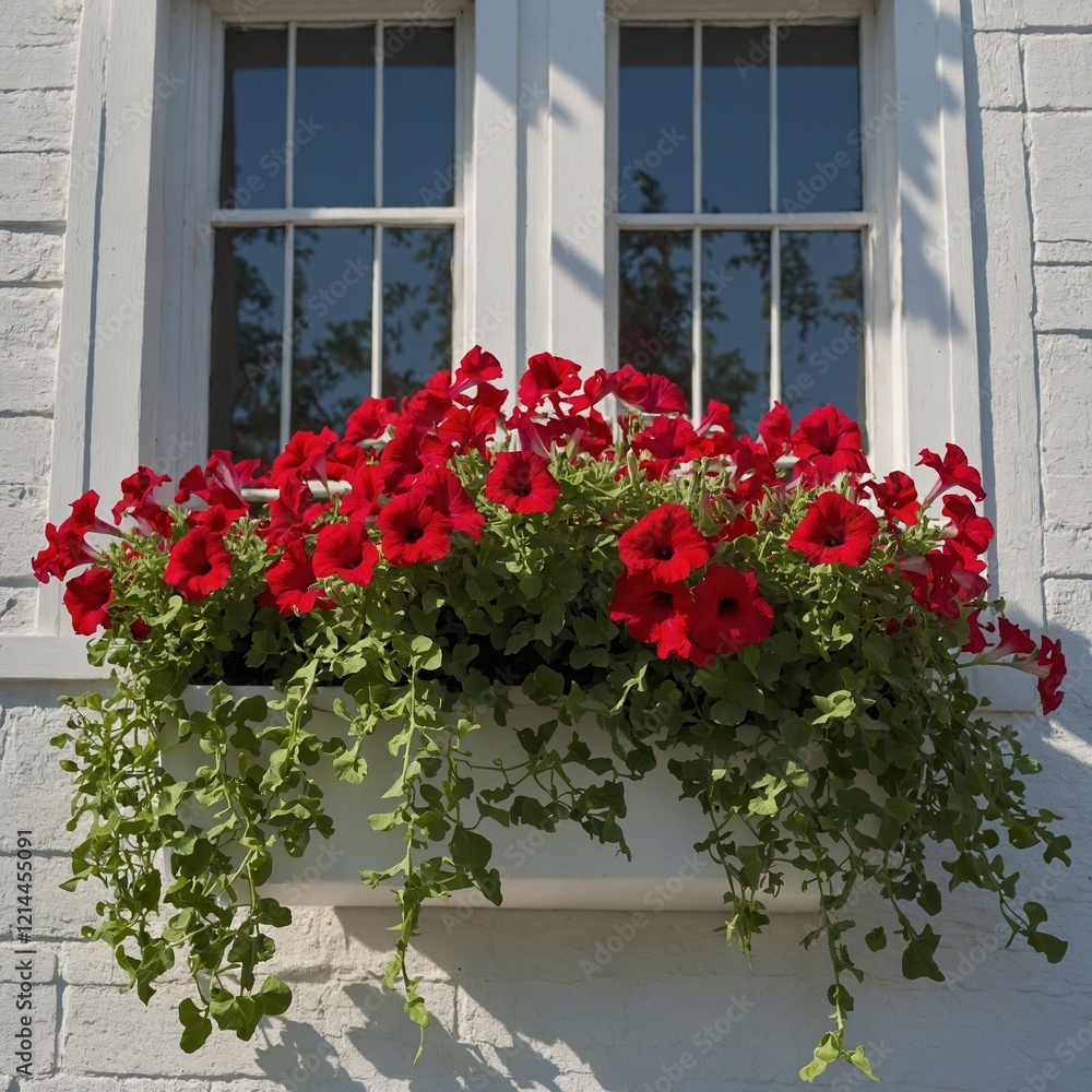 Fototapeta premium Red petunias cascading from a white-painted window box.