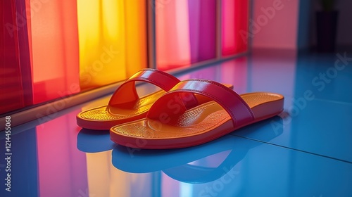 Brightly colored sandals resting on a glossy floor with vibrant curtains in the background photo