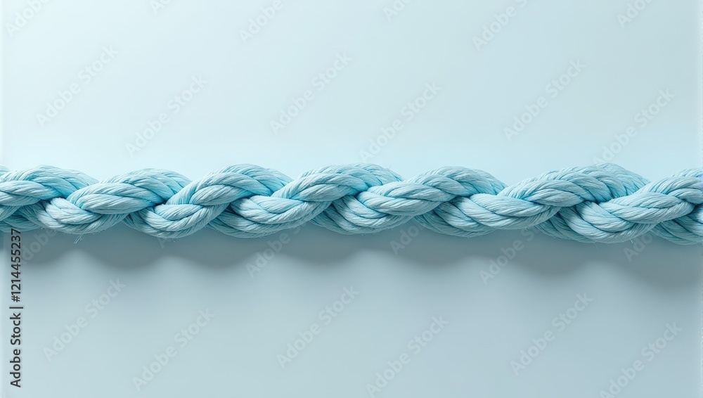 Light blue braided rope intricately knotted, creating dynamic patterns against a stark white backdrop with dramatic shadows Light blue braided rope intricately knotted, creating dynamic patterns against a stark white backdrop with dramatic shadows