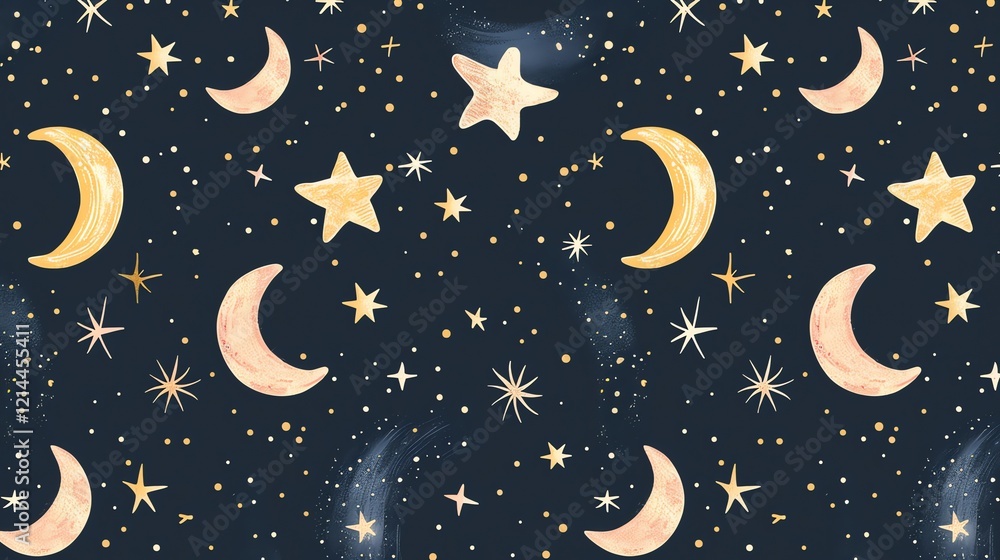 Naklejka premium A whimsical and colorful pattern featuring a variety of stars and moons on a dark blue background, with tiny colorful dots scattered throughout.