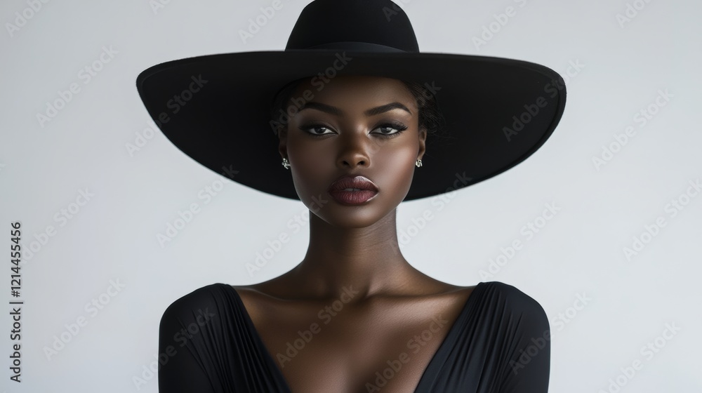 Studio portrait featuring dark-skinned woman wearing wide-brimmed black hat, black dress, radiating confidence and sleek sophistication Studio portrait featuring dark-skinned woman wearing wide-brimmed black hat, black dress, radiating confidence and sleek sophistication