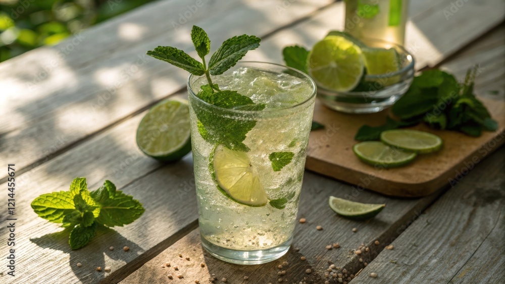 Fototapeta premium An artistic capture of a bubbly drink adorned with sprigs of mint and glistening lime wedges the bright green contrasting against the soft shades of the beverage. The glass