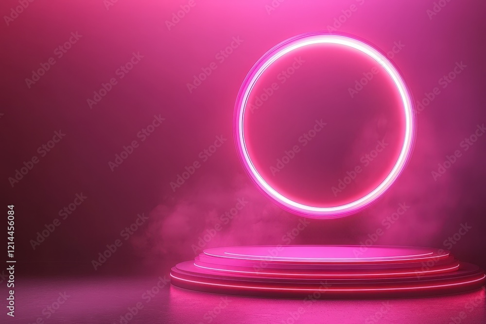 Pink Neon Circle and Platform: Futuristic Product Display Background.
