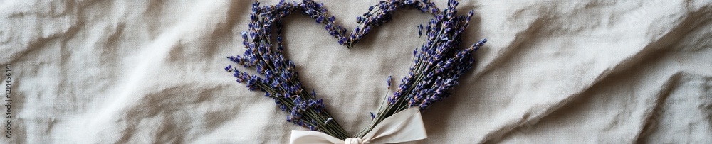 Handmade heart shaped wreath with lavender on textured fabric background Handmade heart shaped wreath with lavender on textured fabric background