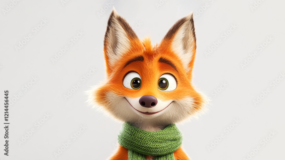 Friendly cartoon fox wearing a green scarf, bringing warmth and cheer with a charming smile Friendly cartoon fox wearing a green scarf, bringing warmth and cheer with a charming smile