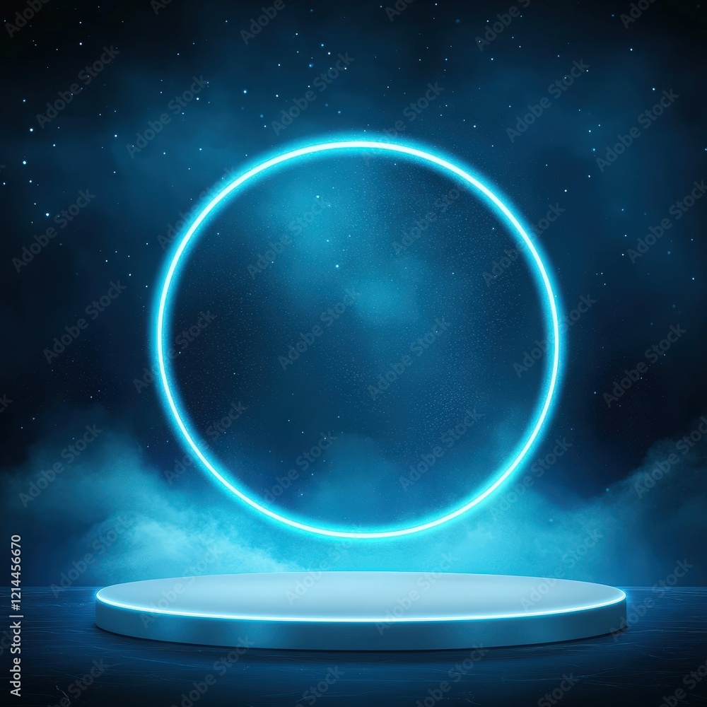 Fototapeta premium Futuristic Neon Circle Display Platform with Starry Night Background.