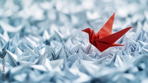 Red origami bird soaring above a multitude of white origami birds, highlighting uniqueness and individuality in a sea of sameness