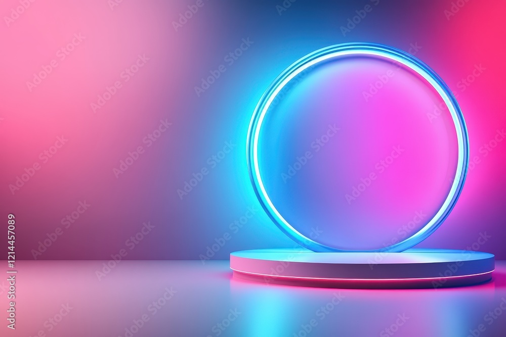 Obraz premium Neon Circle and Platform: Vibrant Pink and Blue Background for Product Display.