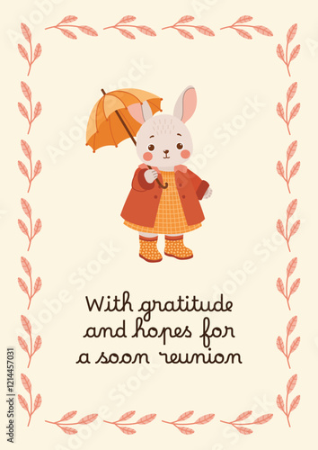 Greeting card with spring forest character and botanical elements - rabbit, bunny in coat, wellies with umbrella. Banner with flowers, leaves and animal. Vector poster.