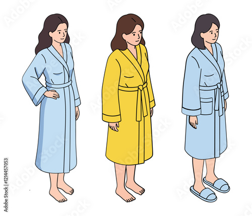 set of 3 isometric woman in a robe isolated vector object