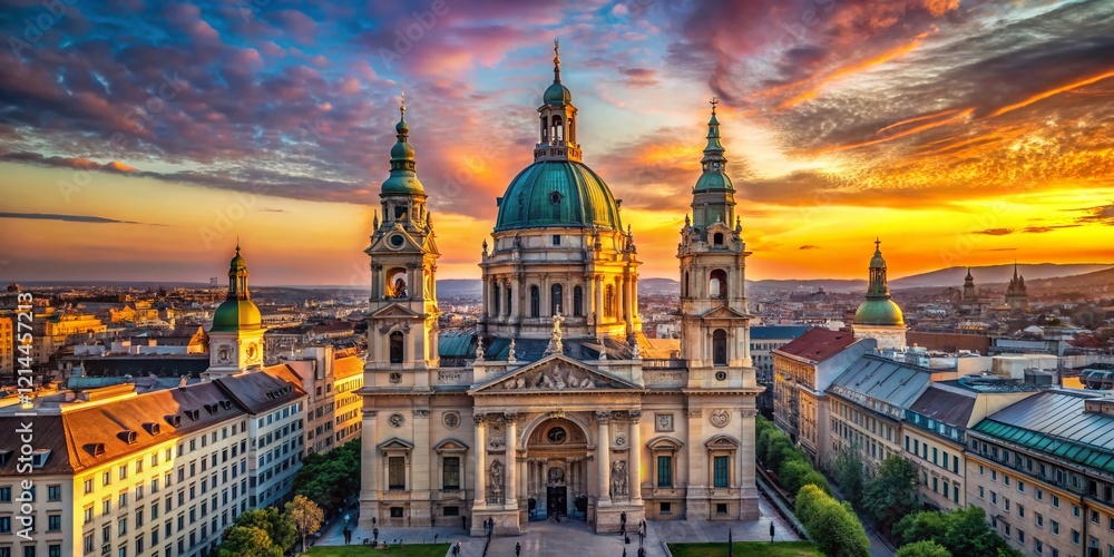 Fototapeta premium Majestic St. Stephen's Basilica, Budapest, Hungary - Panoramic View at Sunset