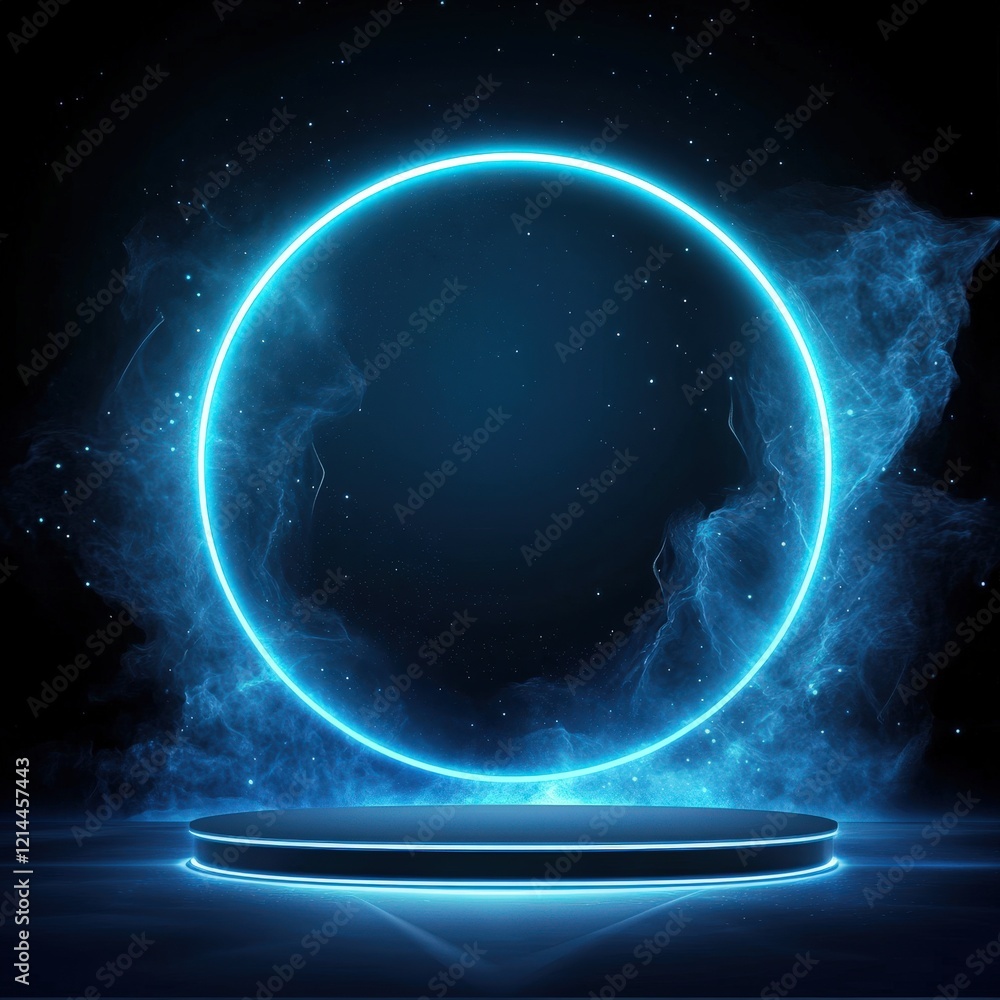 Fototapeta premium Futuristic Blue Neon Circle and Platform Background.