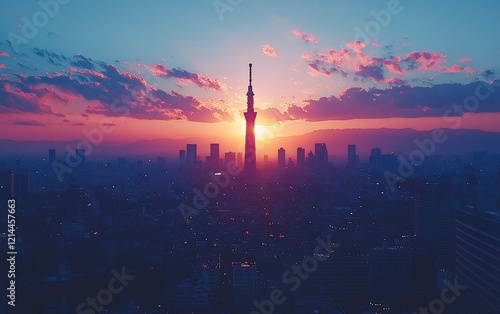 Tokyo cityscape sunrise, tower silhouette.