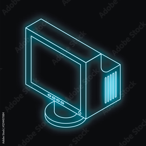 Neon blue glowing outline of a crt monitor on a black background, representing outdated technology or vintage computing